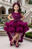 Girls Wine Magenta High-Low Ruffle Party Short Frock | Party Wear Dress For Girls