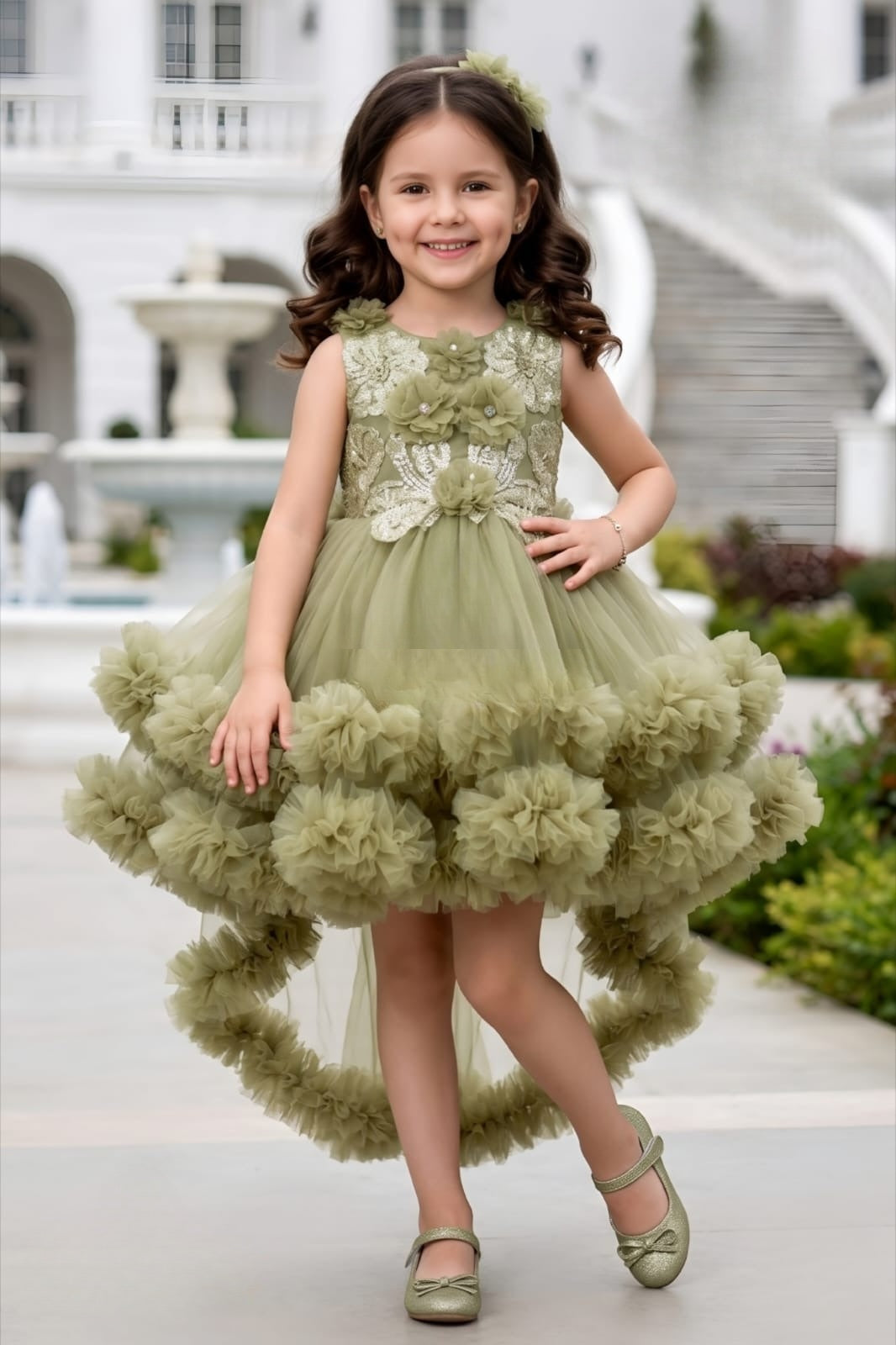 Girls Mehandi Designer High-Low Ruffle Party Short Frock| Party Wear Dress For Kids