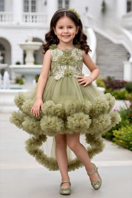 Girls Mehandi Designer High-Low Ruffle Party Short Frock| Party Wear Dress For Kids