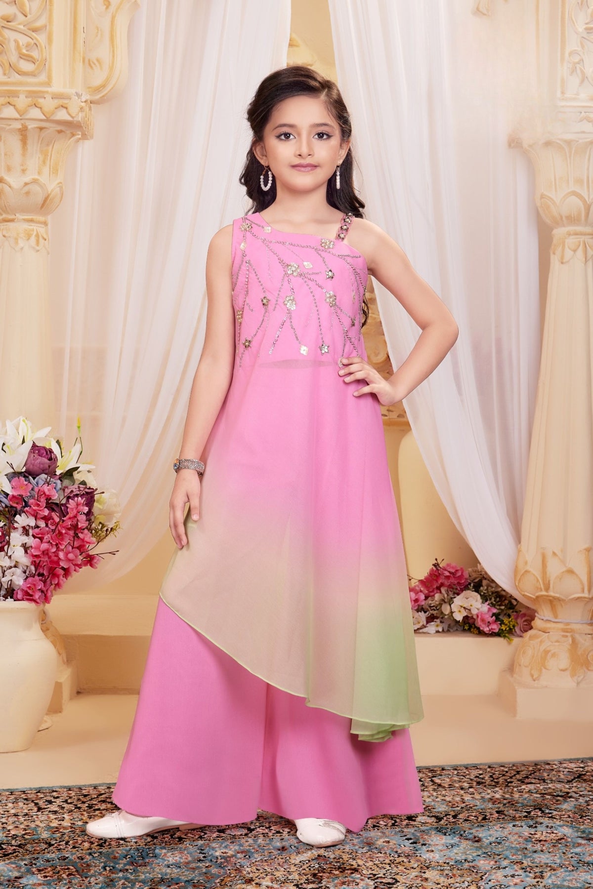 Girls Pink Ombre Designer Sharara Set with Embellished Top & Dupatta |Ethnic Wear for Kids
