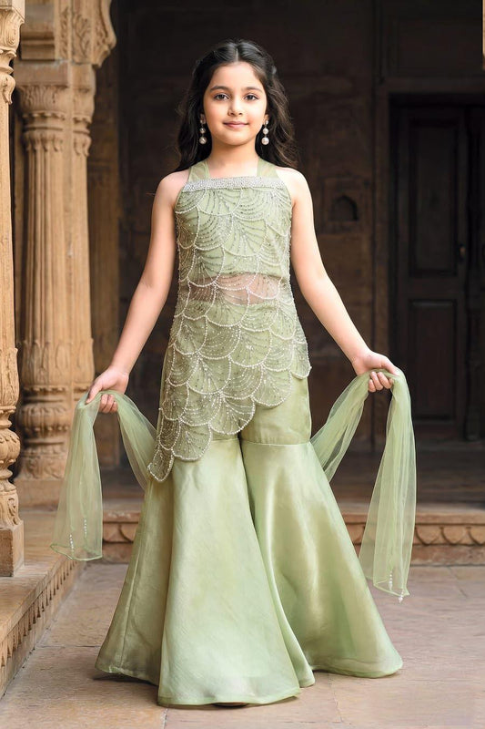 Pastel Green Embroidered Kurta with Flared Sharara & Dupatta | Ethnic Wear For Girls