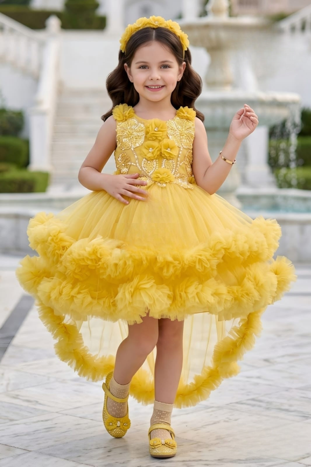 Girls Mango Yellow Designer High-Low Ruffle Party Short Frock| Party Wear Dress For Girls
