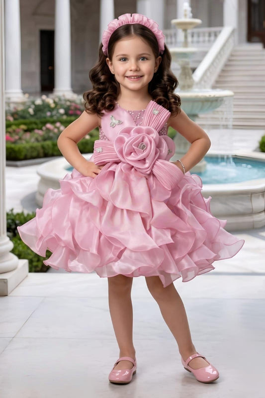 Blush Pink Ruffled Party Dress with Floral Waist Detail |  Party Wear Dress For Girls