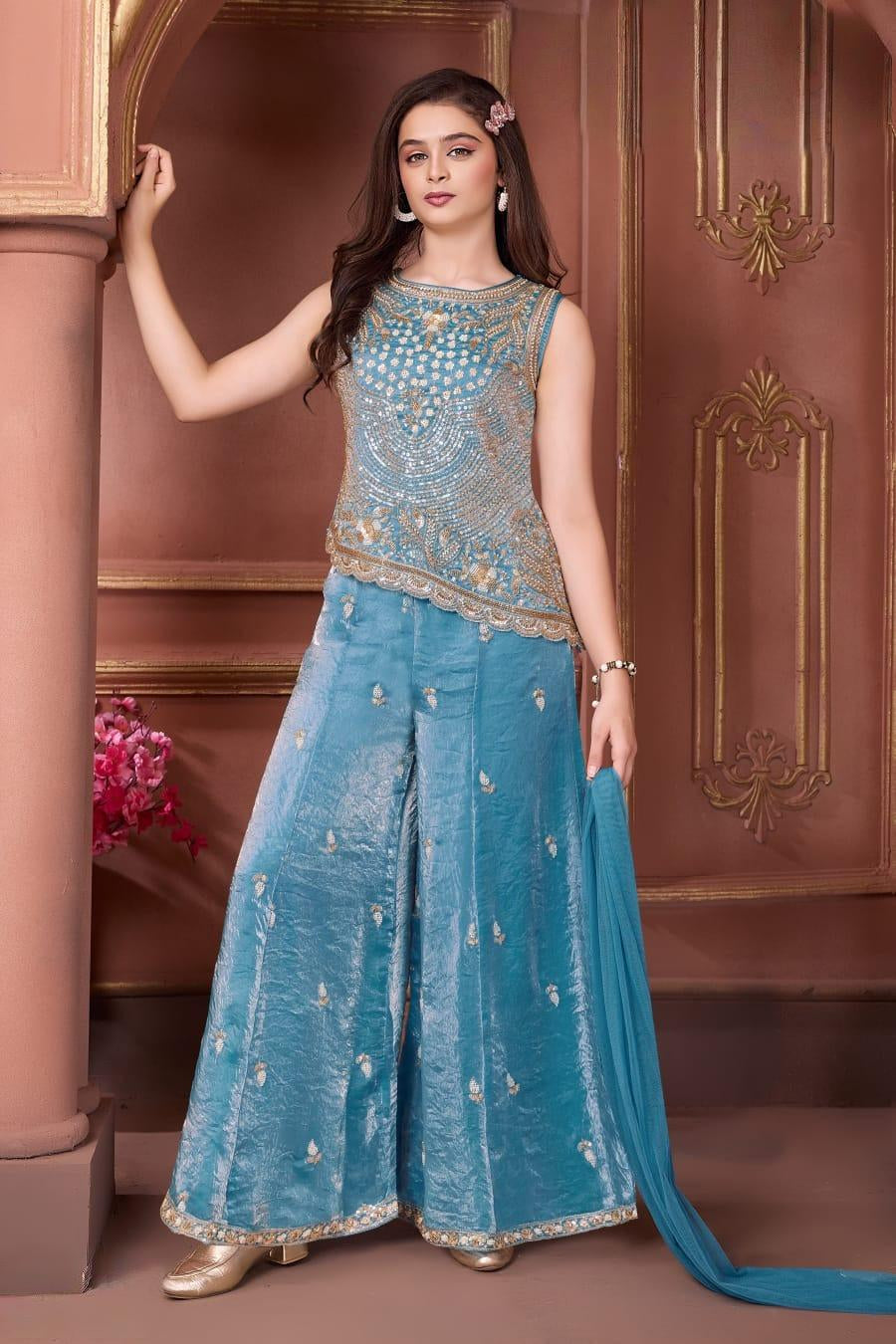 Sky Blue Embellished Kurta with Flared Palazzo & Dupatta | Ethnic Wear For Girls