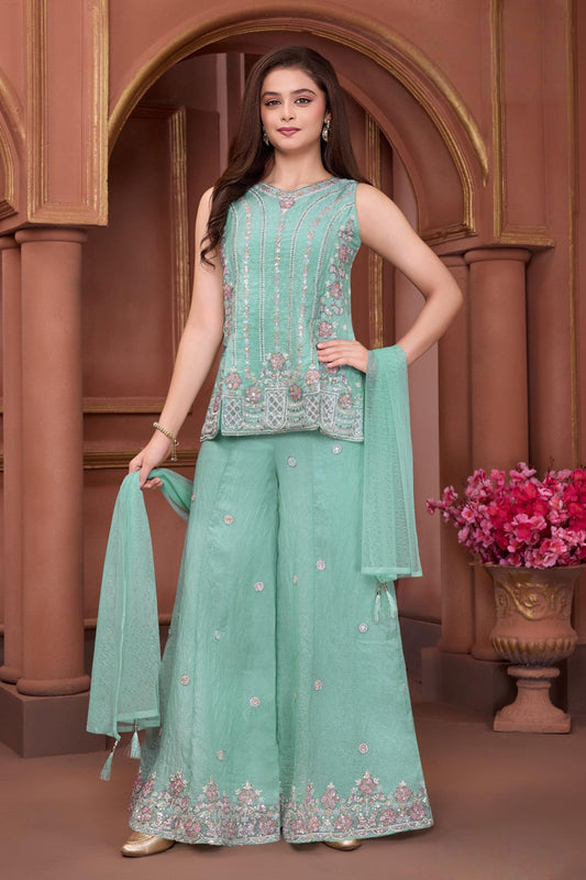 Mint Green Embroidered Kurta with Palazzo Pants & Dupatta | Ethnic Wear For Girls