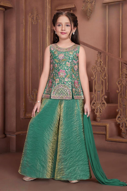 Emerald Green Floral Embroidered Kurta with Palazzo Pants & Dupatta | Ethnic Wear For Girls