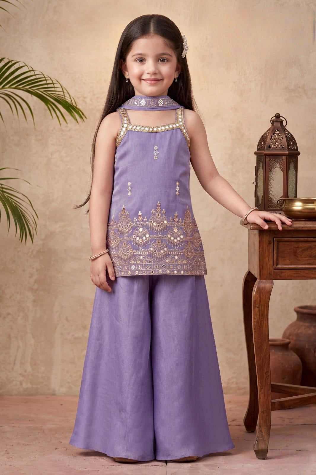 Lavender Embroidered Kurta with Palazzo & Dupatta Set | Ethnic Wear For Girls