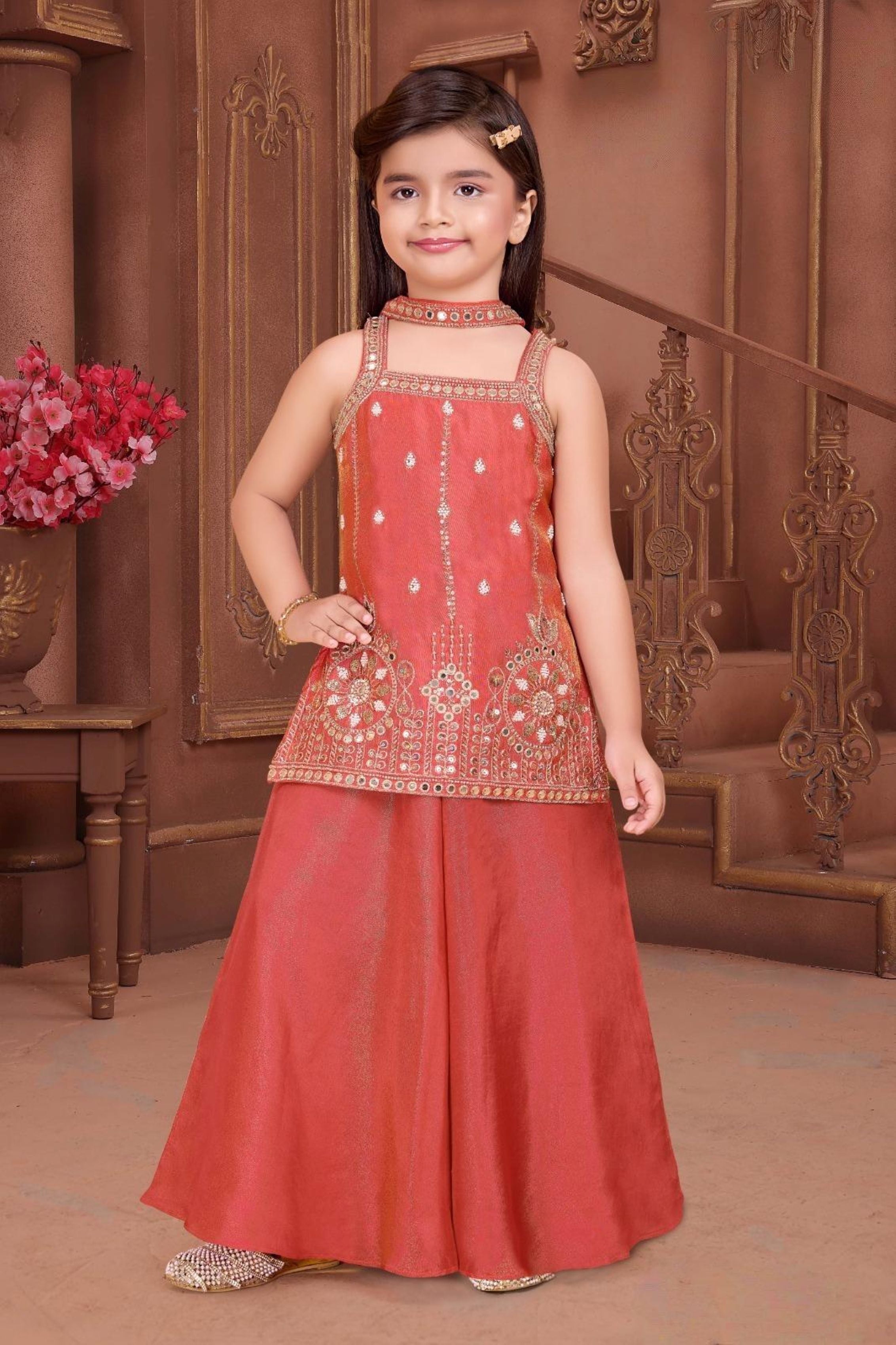 Rust Red Embroidered Kurta with Palazzo & Dupatta Set | Ethnic Wear For Girls