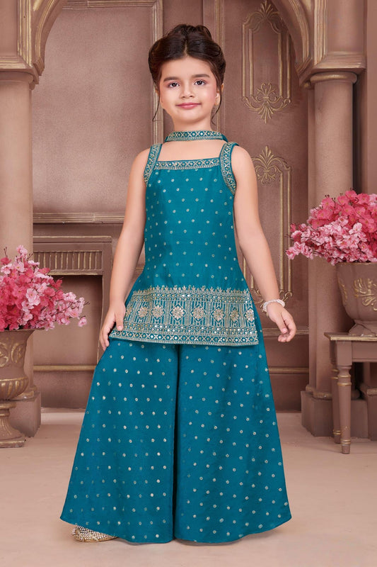 Teal Blue Embroidered Kurta with Palazzo & Dupatta Set | Ethnic Wear For Girls
