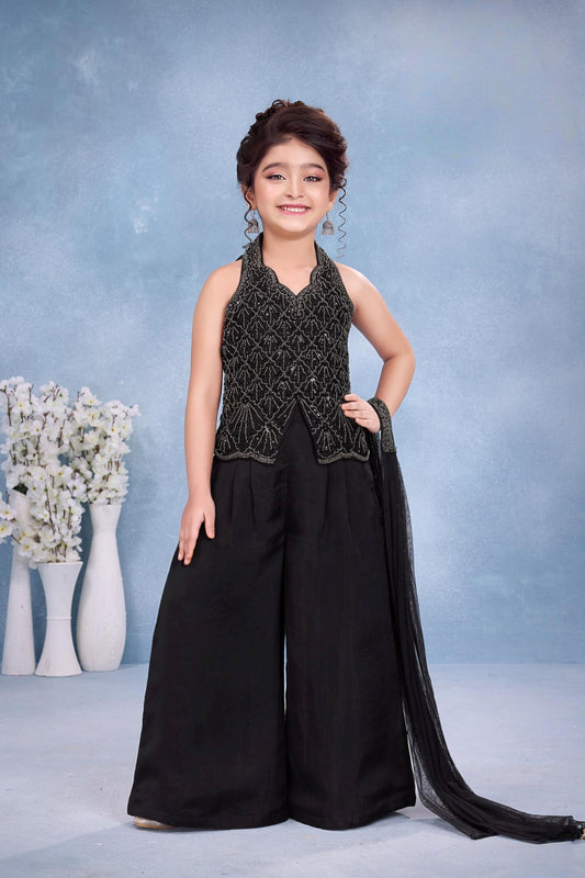 Black Embellished Halter Peplum Top with Wide-Leg Palazzo & Dupatta Set | Ethnic Wear For Girls