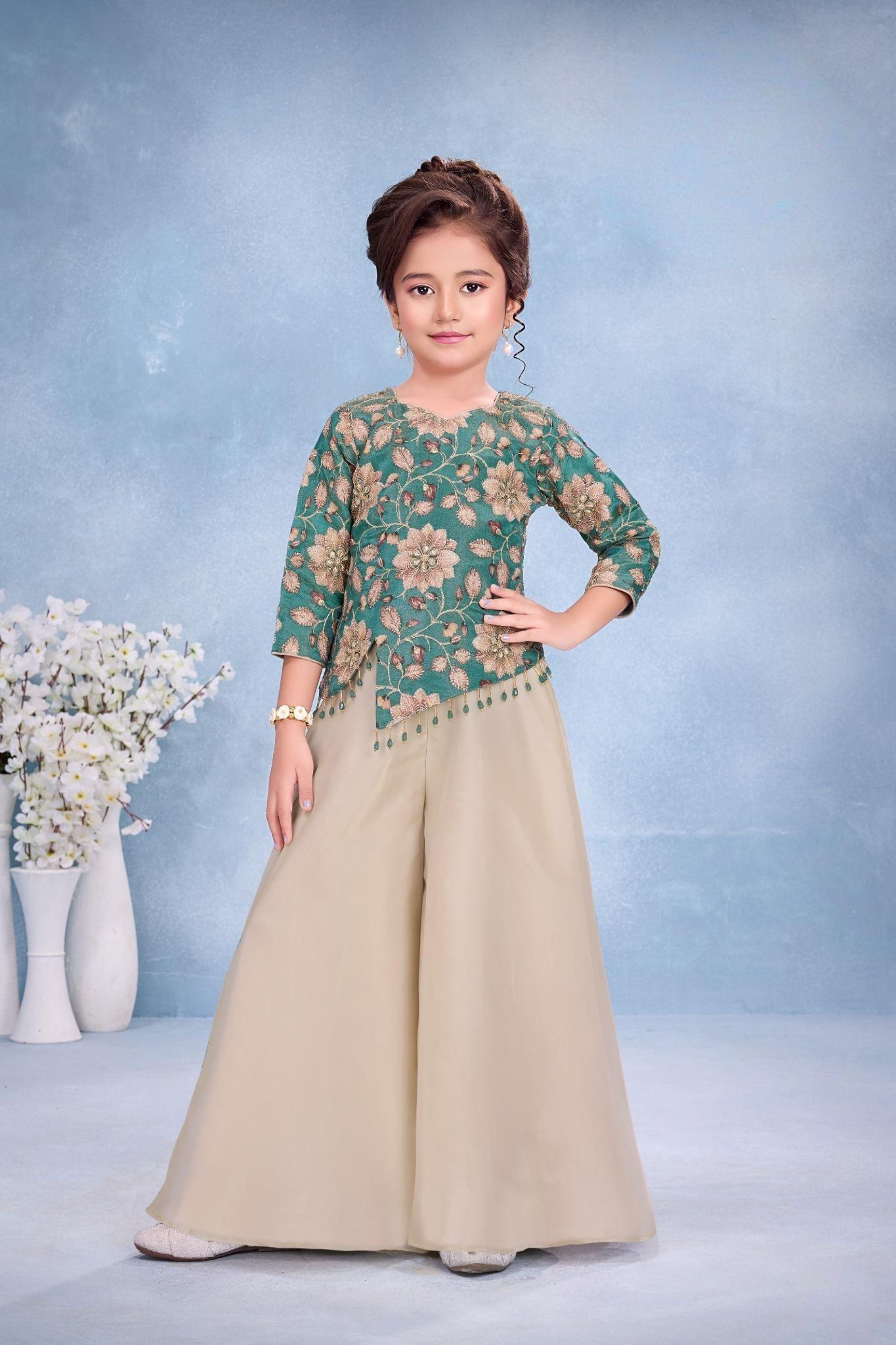 Teal Floral Embroidered Peplum Top with Beige Wide-Leg Palazzo Set | Ethnic Wear For Girls