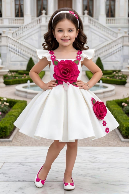 White Floral Appliqué Fit & Flare Party Dress with Ruffle Sleeves | Party Wear Dress For Girls