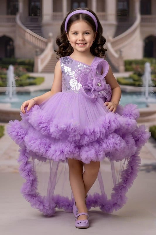 Lavender Sequin & Tulle Party Dress with Floral Detail | Party Wear Dress For Girls
