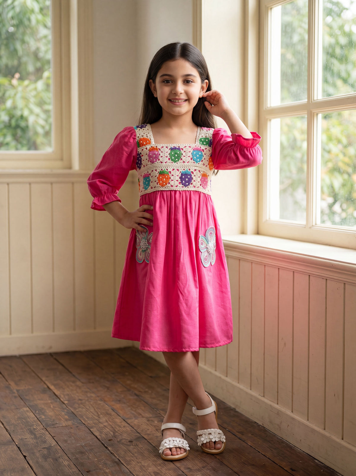 Pink Embroidered Square-Neck Dress with Crochet Bodice & Puff Sleeves | Western Wear For Girls