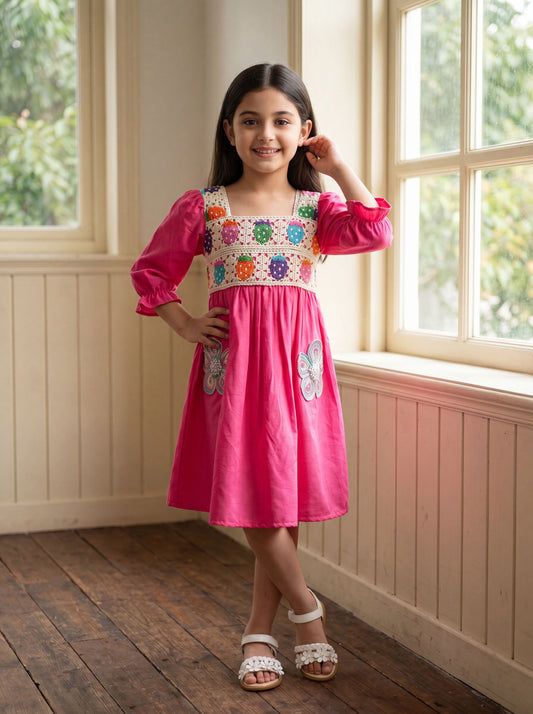 Pink Embroidered Square-Neck Dress with Crochet Bodice & Puff Sleeves | Western Wear For Girls