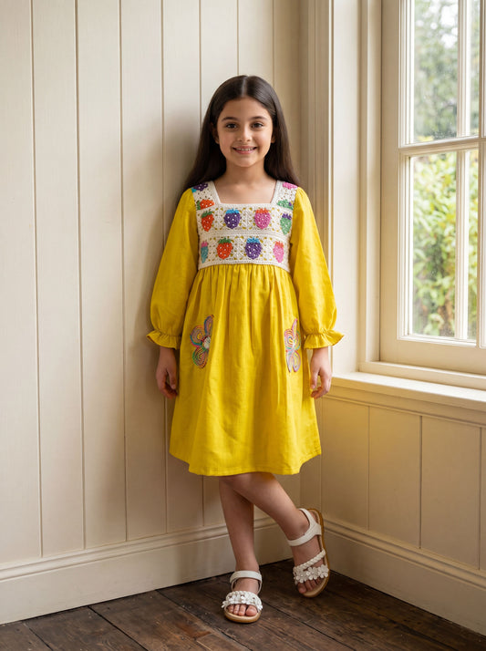 Yellow Embroidered Tiered Dress with Multicolor Crochet Bodice & Butterfly Detailing | Western Wear For Girls