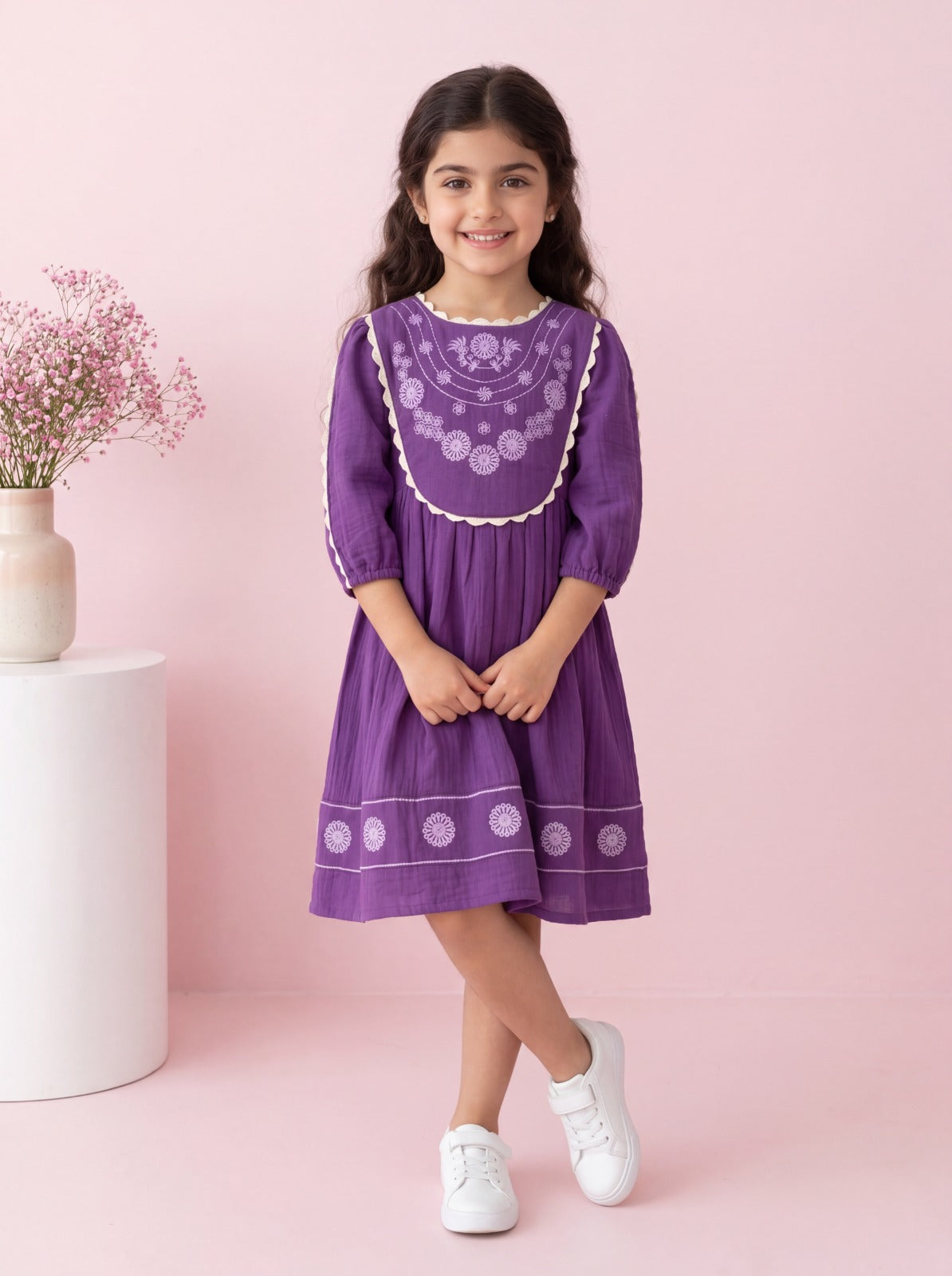 Purple Embroidered A-Line Dress with Bib Front & Full Sleeves | Western Wear For Girls