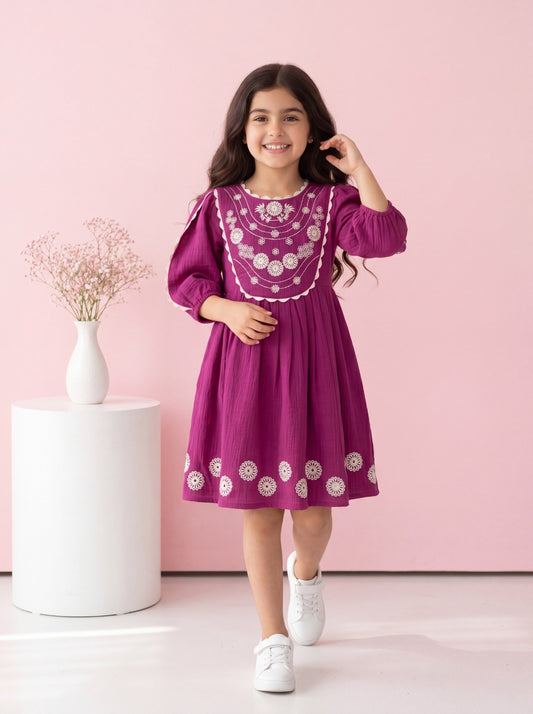 Mulberry Embroidered A-Line Dress with Bib Front & Puff Sleeves | Western Wear For Girls