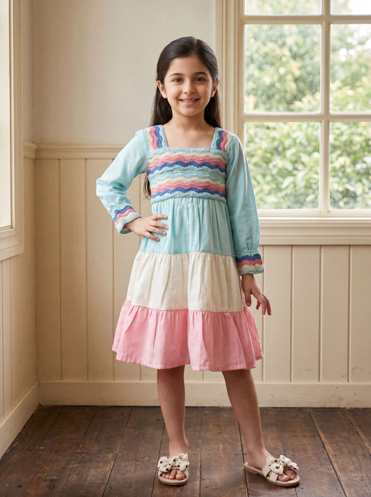 Aqua Multicolor Tiered Dress with Embroidered Bodice & Full Sleeves | Western Wear For Girls
