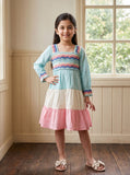 Aqua Multicolor Tiered Dress with Embroidered Bodice & Full Sleeves | Western Wear For Girls