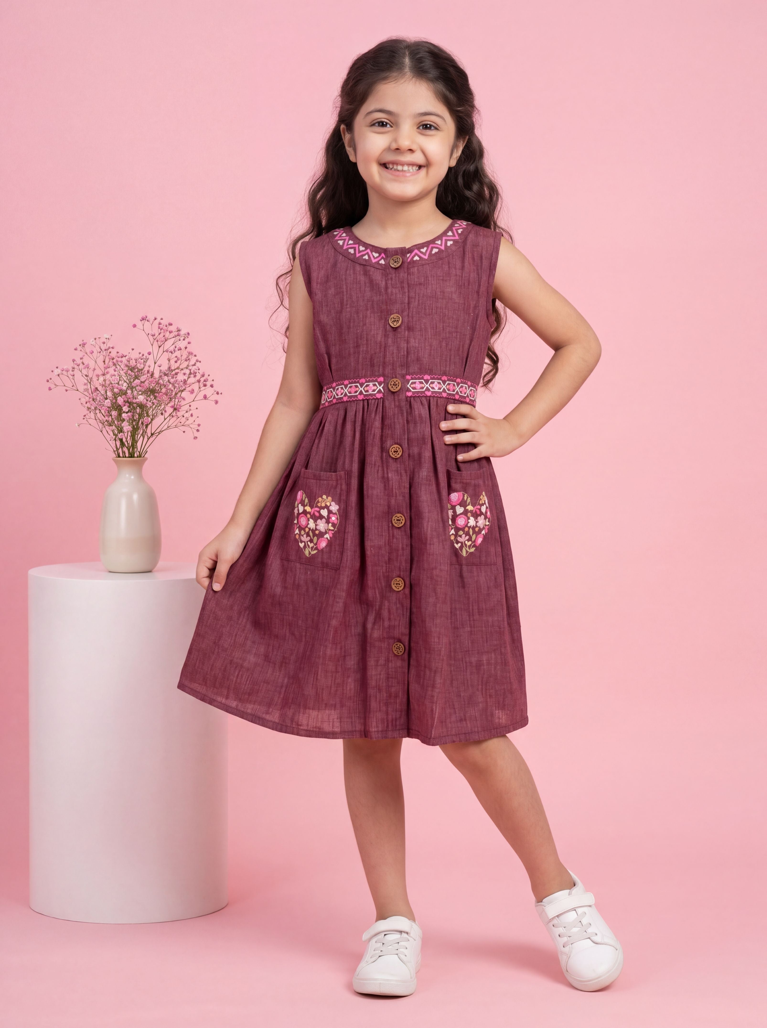 Maroon Floral Embroidered Button-Down Dress with Contrast Detailing | Western Wear For Girls