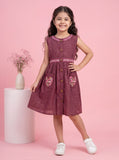Maroon Floral Embroidered Button-Down Dress with Contrast Detailing | Western Wear For Girls