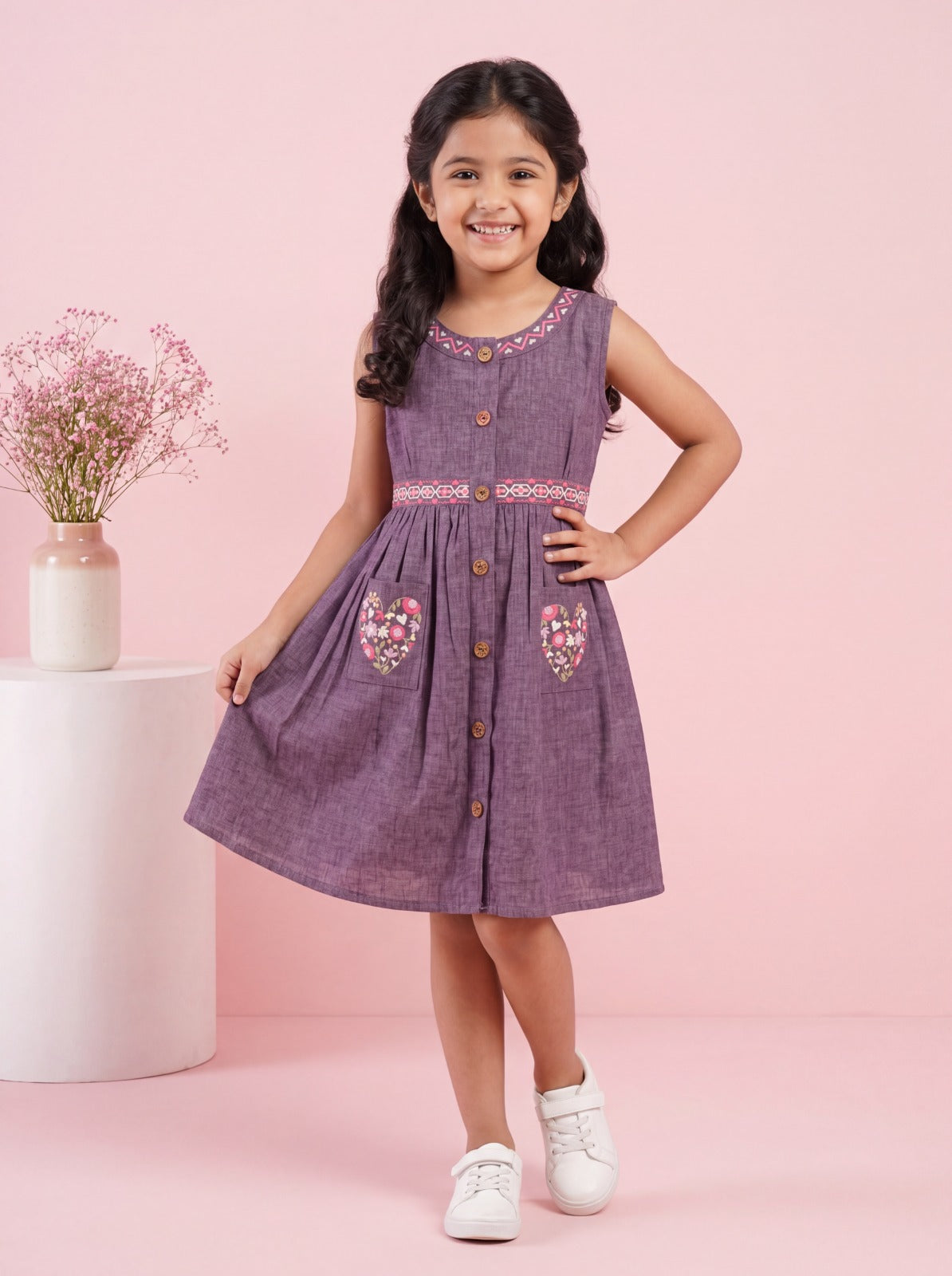 Lavender Floral Embroidered Button-Down A-Line Dress with Contrast Detailing | Western Wear For Girls