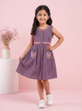 Lavender Floral Embroidered Button-Down A-Line Dress with Contrast Detailing | Western Wear For Girls