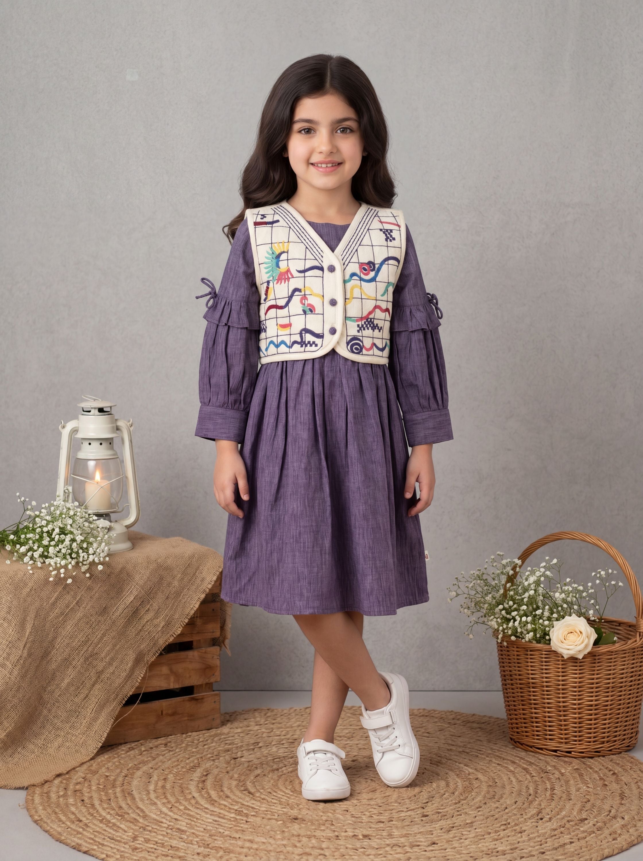 Lavender Pleated Dress with Embroidered Printed Vest & Ruffle Sleeves | Western Wear For Girls