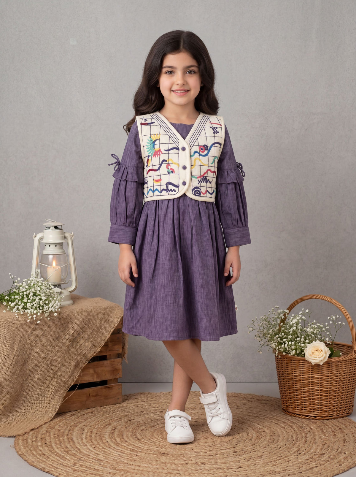 Lavender Pleated Dress with Embroidered Printed Vest & Ruffle Sleeves | Western Wear For Girls