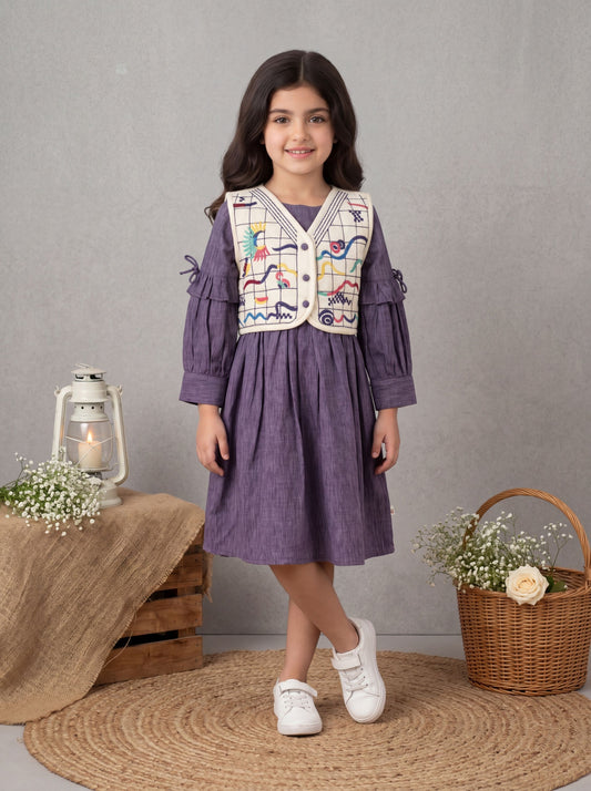 Lavender Pleated Dress with Embroidered Printed Vest & Ruffle Sleeves | Western Wear For Girls