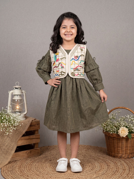 Olive Green Pleated Dress with Embroidered Abstract Vest & Ruffle Sleeves | Western Wear For Girls