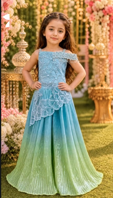 Aqua Blue & Mint Green Ombre Embroidered Gown with Floral Lace Detailing | Ethnic Wear For Girls