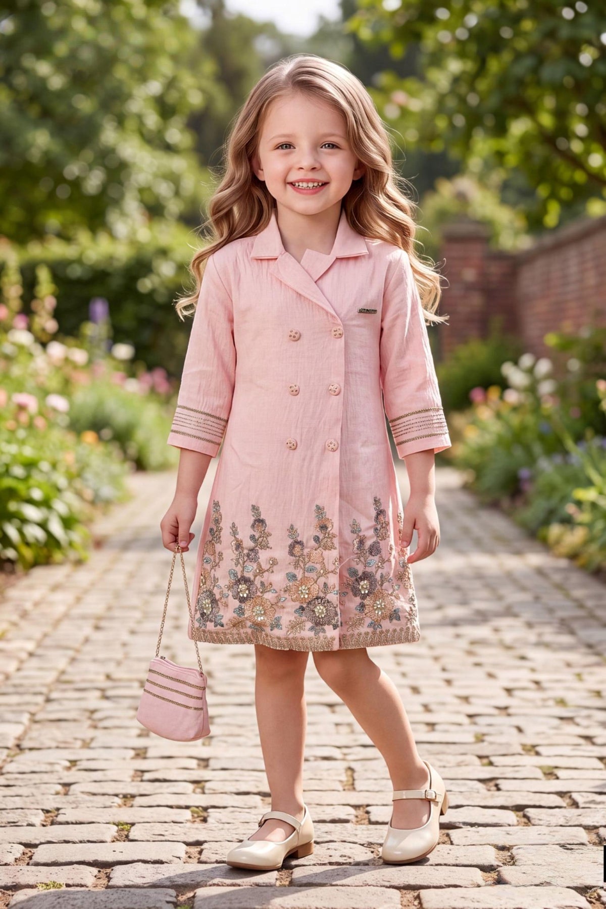 Pink Double-Breasted Embroidered Blazer Dress with Floral Border | Western Wear For Girls
