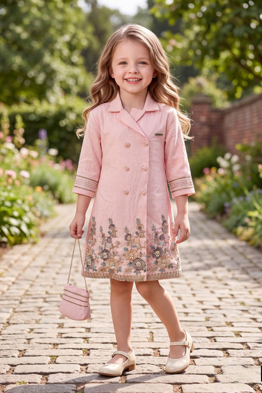 Pink Double-Breasted Embroidered Blazer Dress with Floral Border | Western Wear For Girls