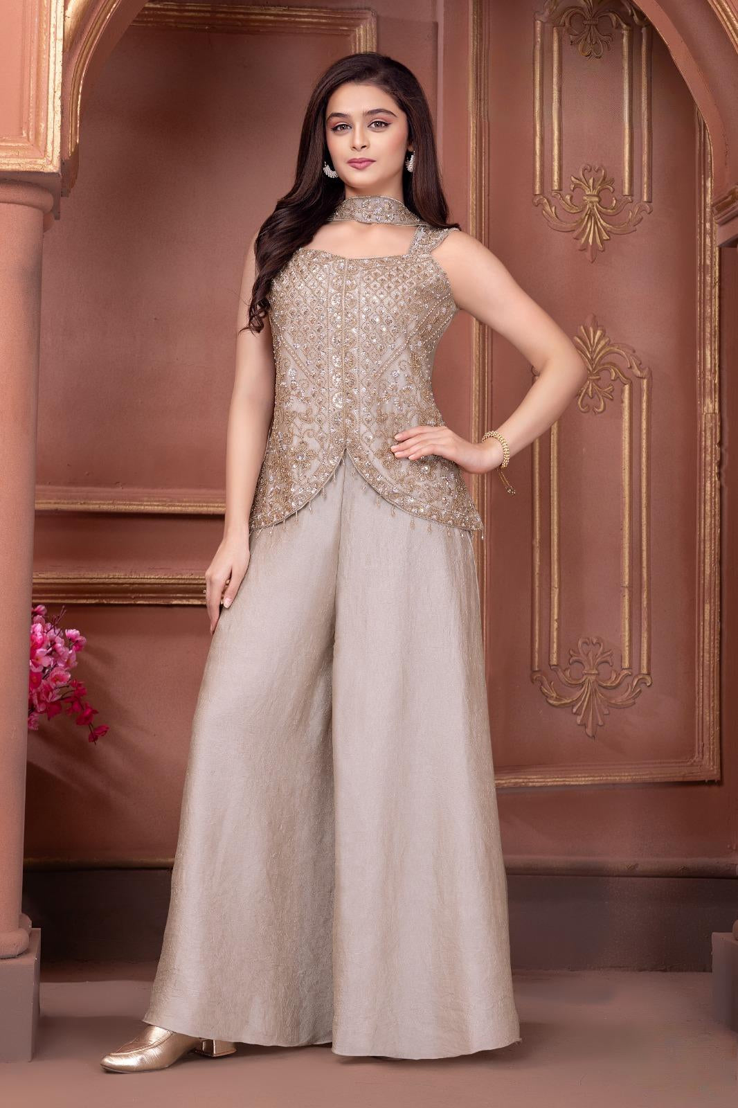 Champagne Fone Embroidered Peplum Kurti & Wide-Leg Palazzo Set with Dupatta | Ethnic Wear For Girls