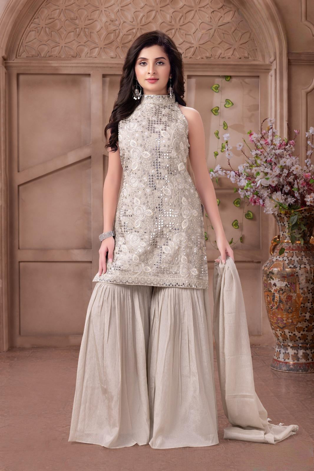 Ivory Cream Embroidered High-Neck Kurti with Flared Sharara & Dupatta | Ethnic Wear For Girls
