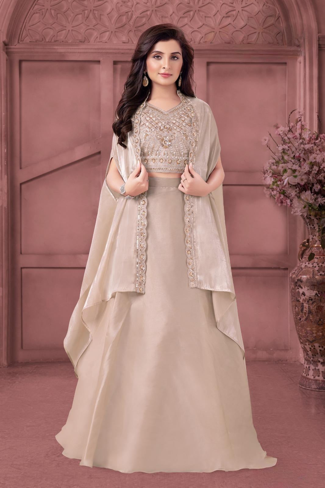 Cream Embroidered Crop Top & Flared Lehenga with Draped Cape Dupatta |Ethnic Wear For Girls