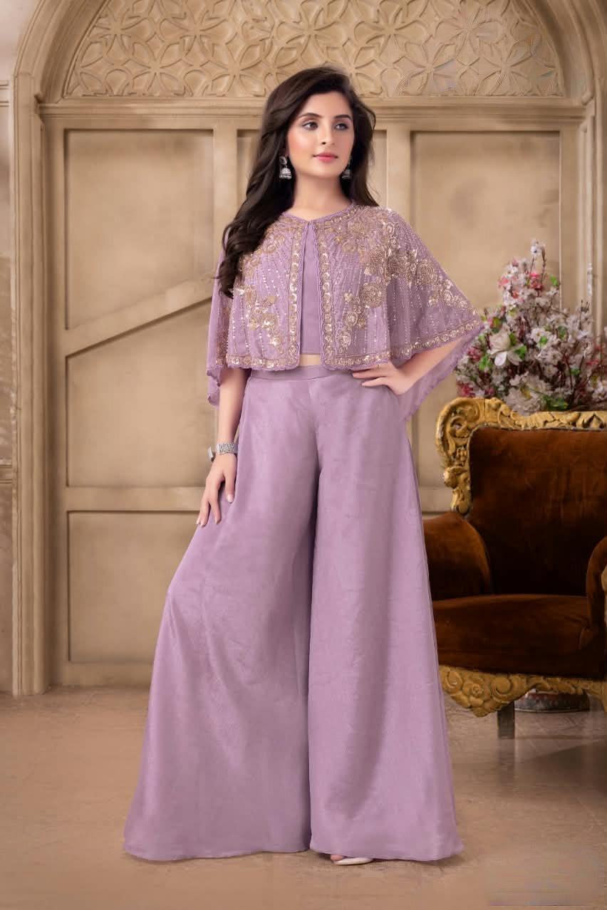 Purple Embroidered Cape Top with Wide-Leg Palazzo Pants | Ethnic Wear For Girls