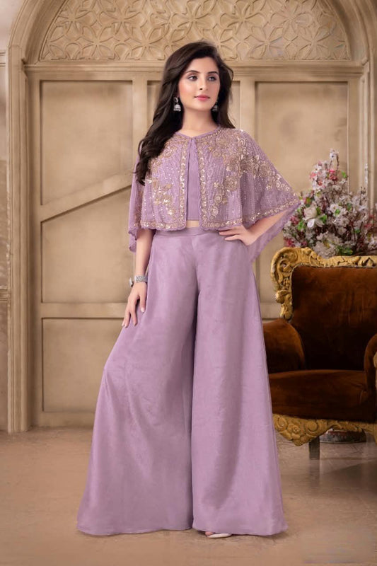 Purple Embroidered Cape Top with Wide-Leg Palazzo Pants | Ethnic Wear For Girls