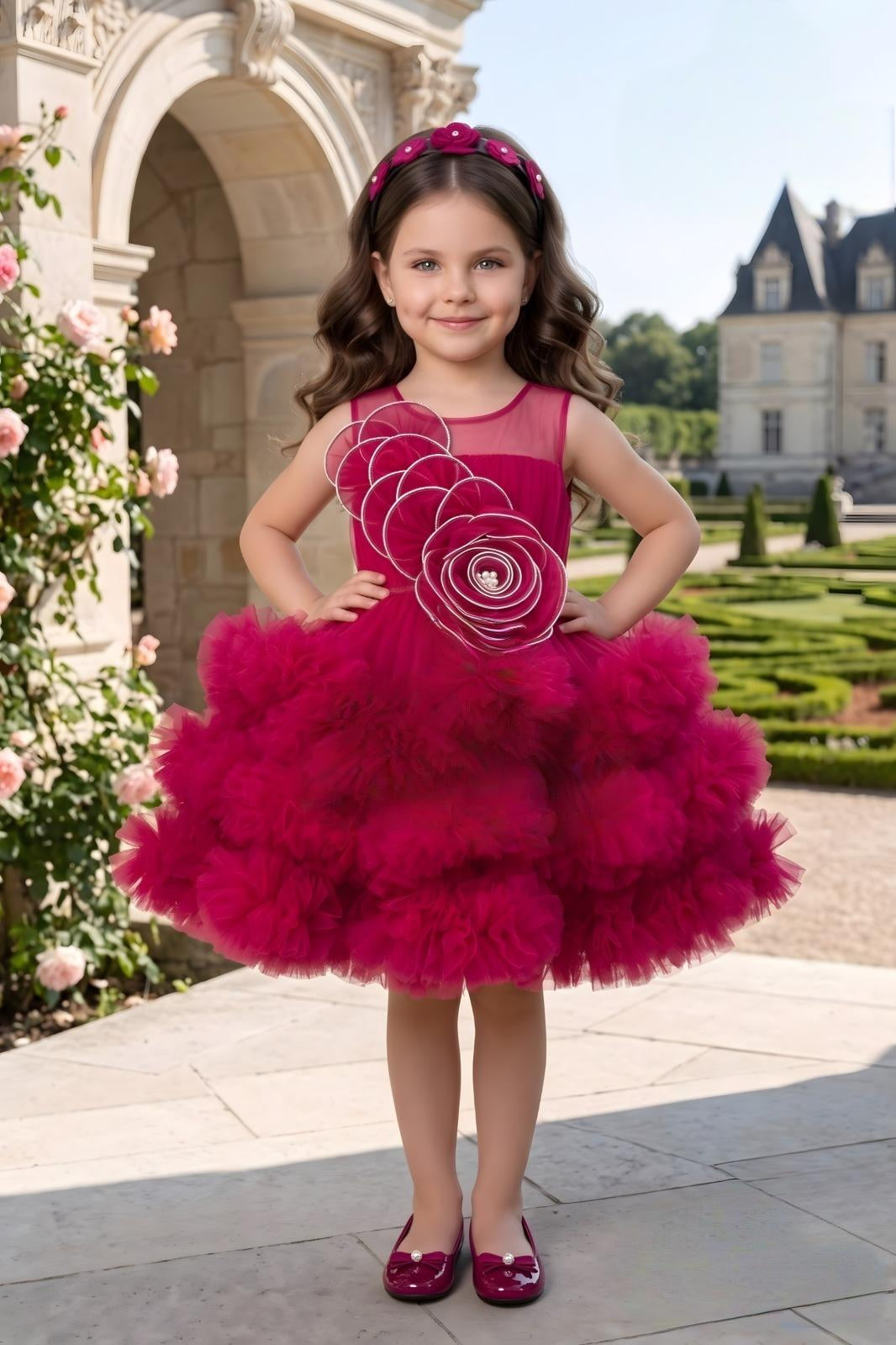 Rani Pink Floral with Layered Tulle Short Frock | Party Wear Dress For Kids