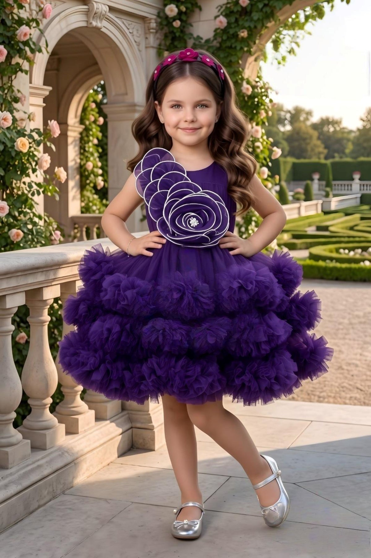 Voilet Floral Layered Tulle Short Frock | Party Wear Dress For Girls