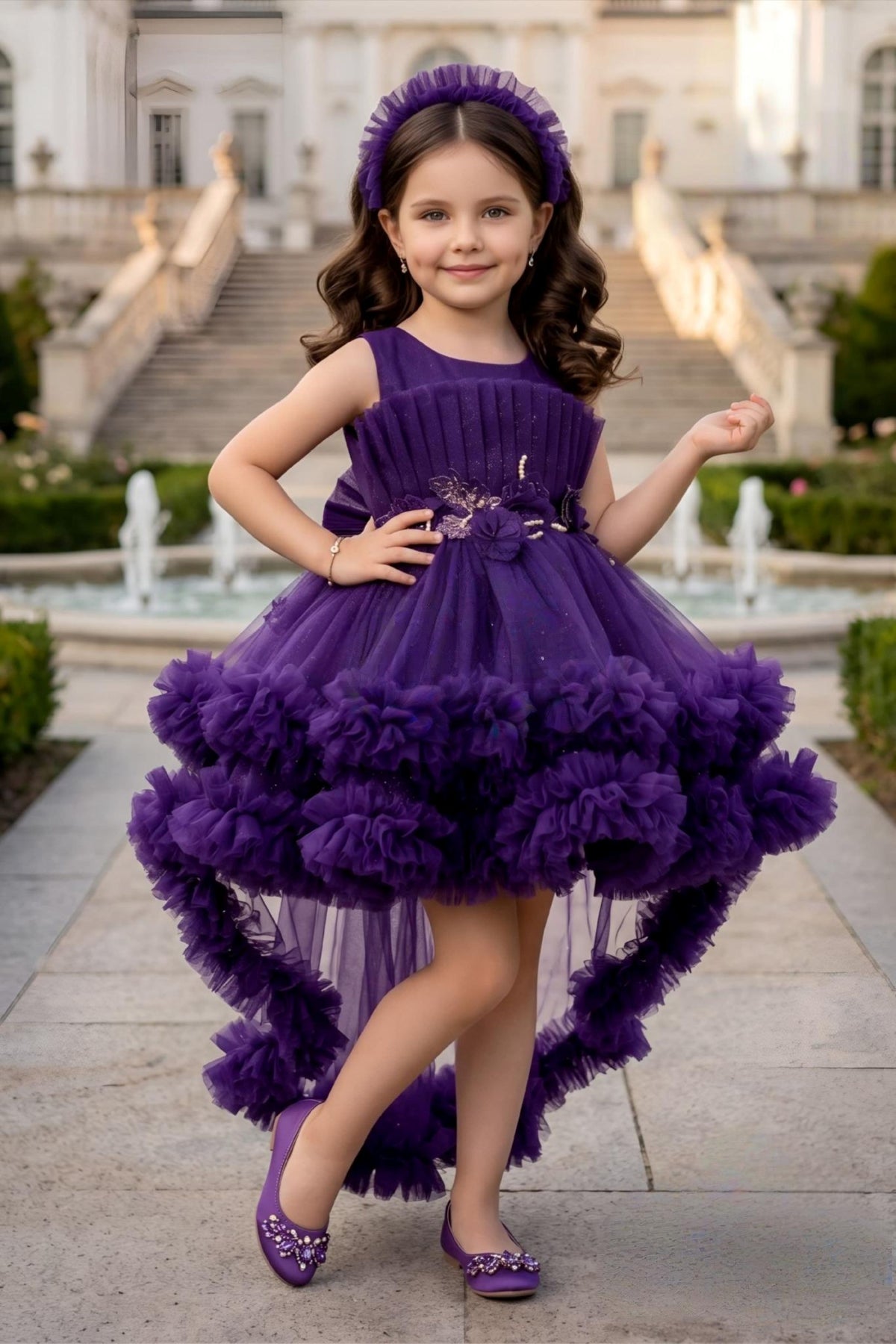 Royal Violet Layered Tulle Princess Short Frock | Party Wear For Girls