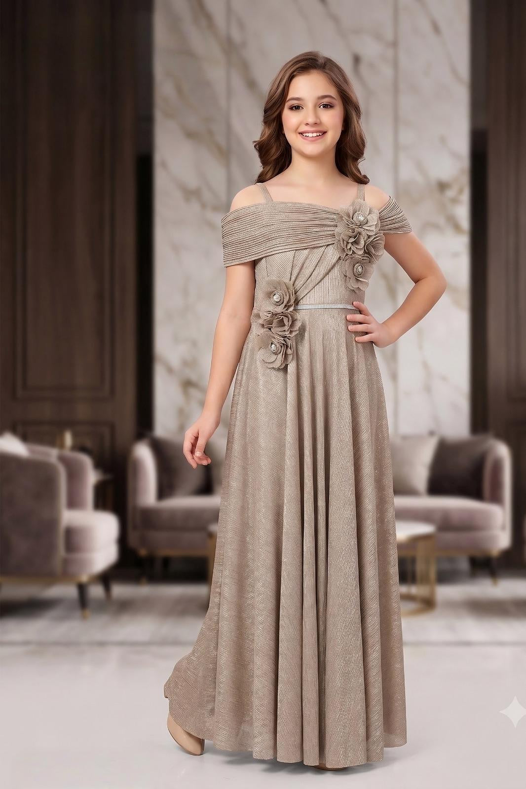Champagne Gold Shimmer Floral Off-Shoulder Long Gown | Party Wear Dress For Girls