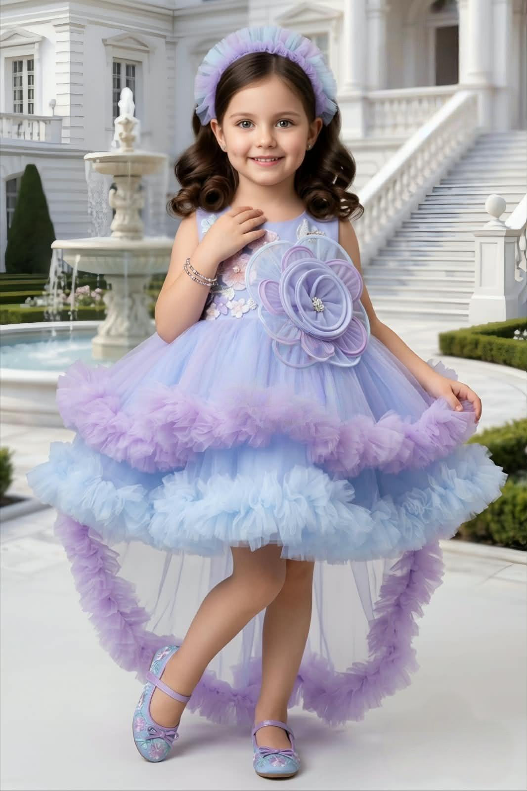 Ferozi Blue & Lavender Floral High-Low Short Frock | Party Wear Dress For Girls