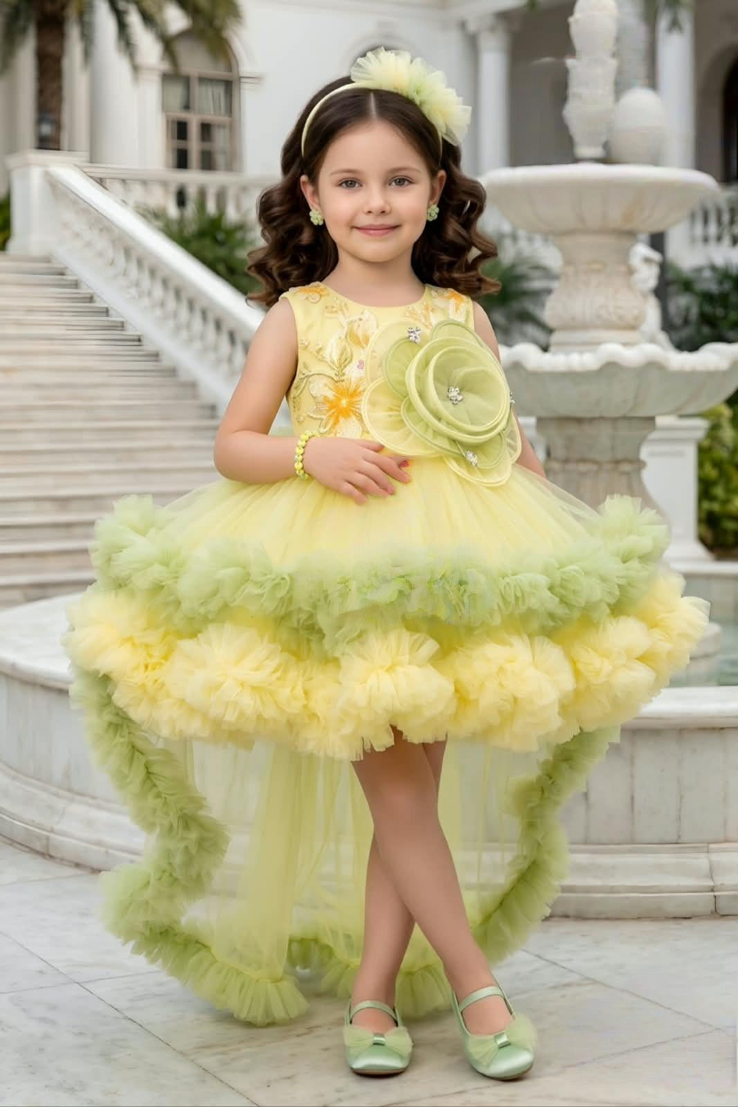 Lemon Yellow & Green Floral High-Low Shor Frock | Party Wear Dress For Girls