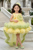 Lemon Yellow & Green Floral High-Low Shor Frock | Party Wear Dress For Girls