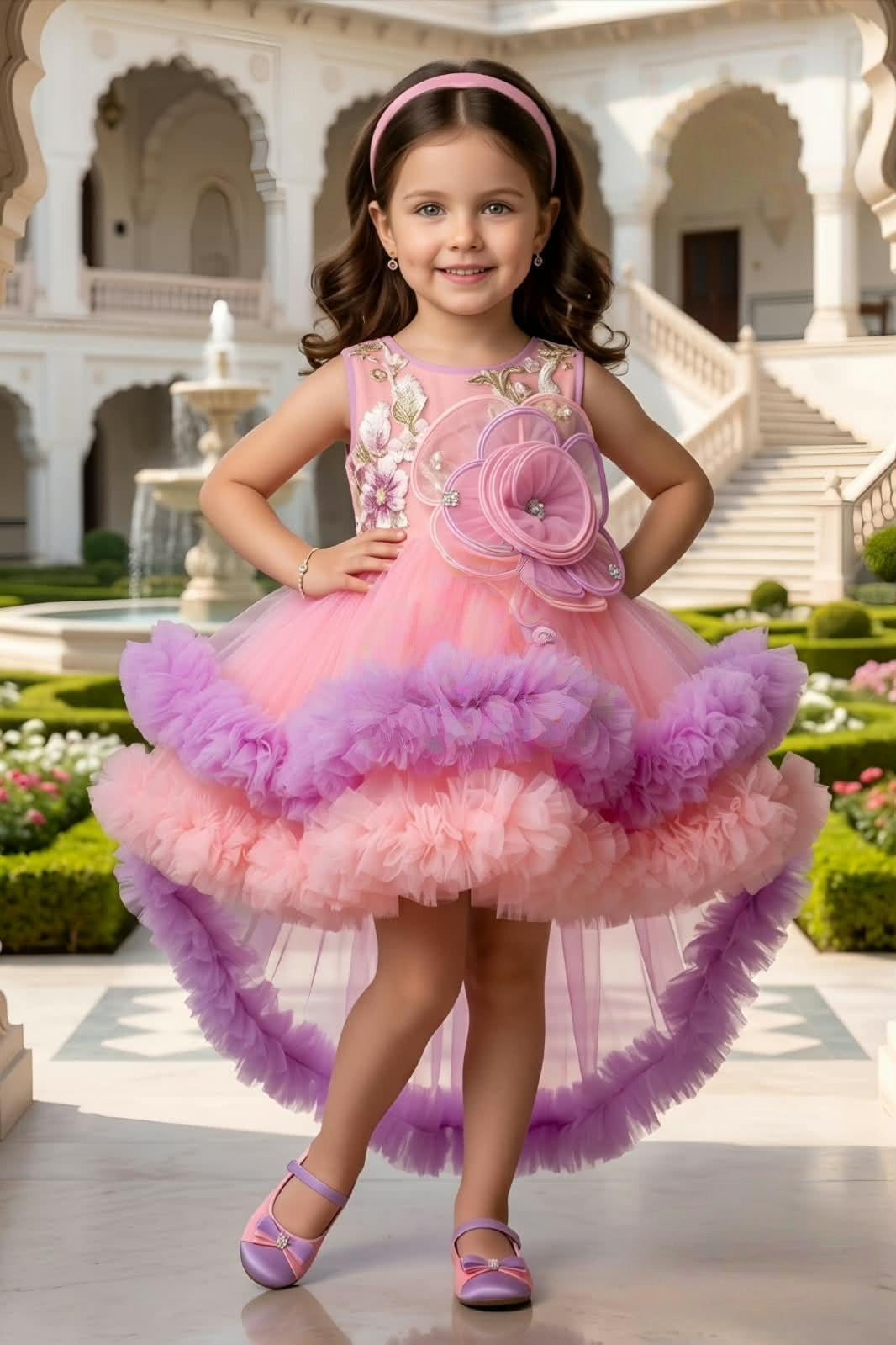 Peach Pink Floral High-Low Short Frock | Party Wear For Girls