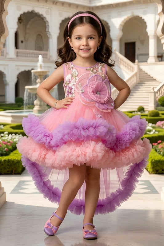 Peach Pink Floral High-Low Short Frock | Party Wear For Girls