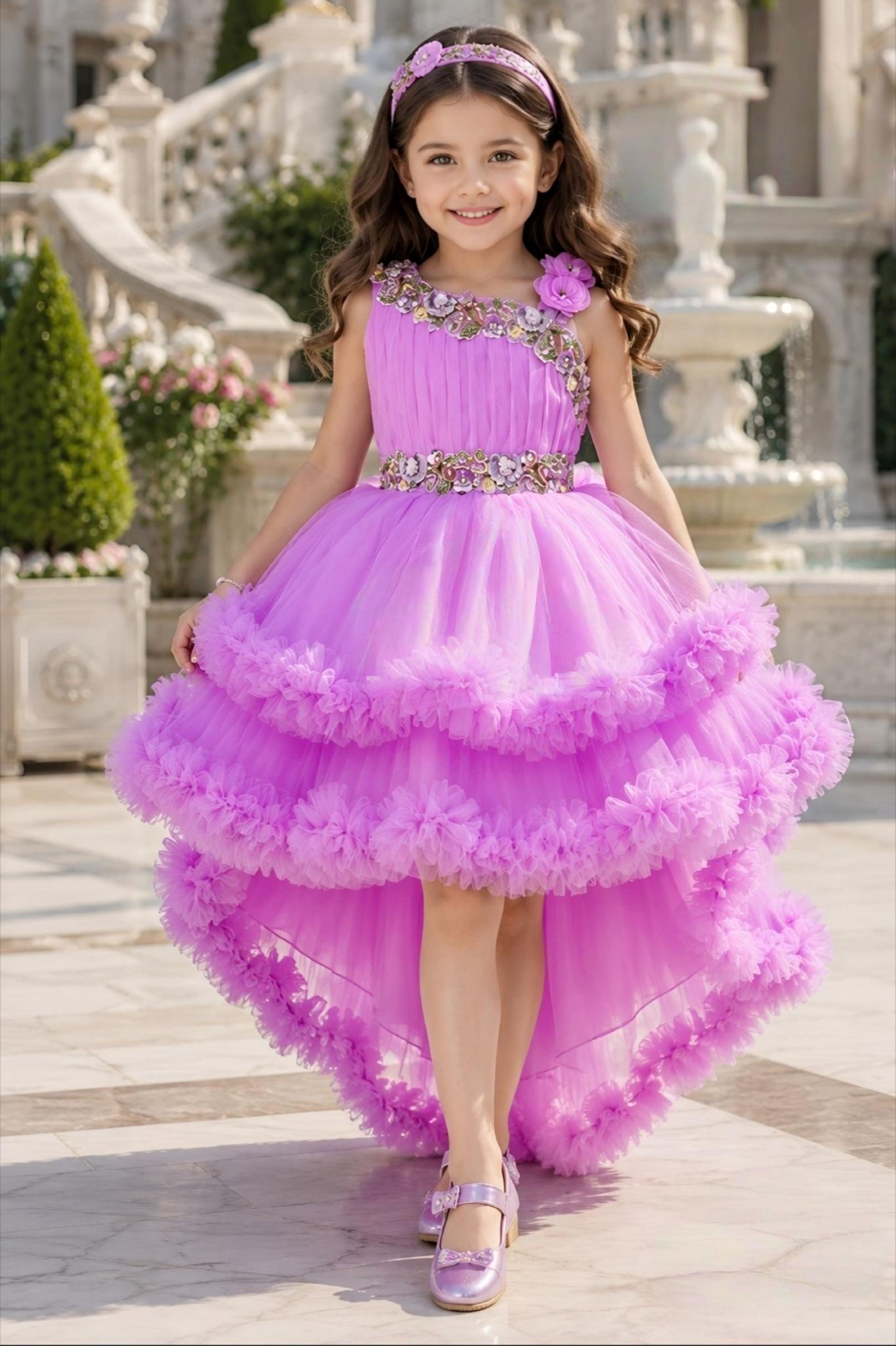 Lilac Pink Floral High-Low Tulle Short Frock | Party Wear For Girls